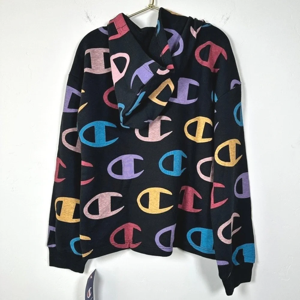 Champion Kids Big C AOP‎ Black Hoodie Sweatshirt Size S 7/8 404601 Multicolor